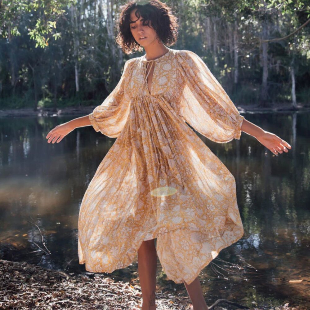 Daughters of India Cream and Gold Midi Dress